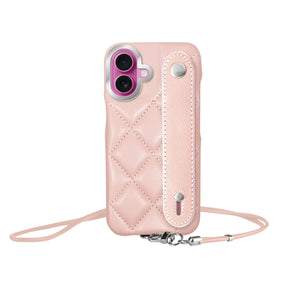iPhone16Plus バンドキルティングPUレザーストラップ プティ ピンク/シルバー