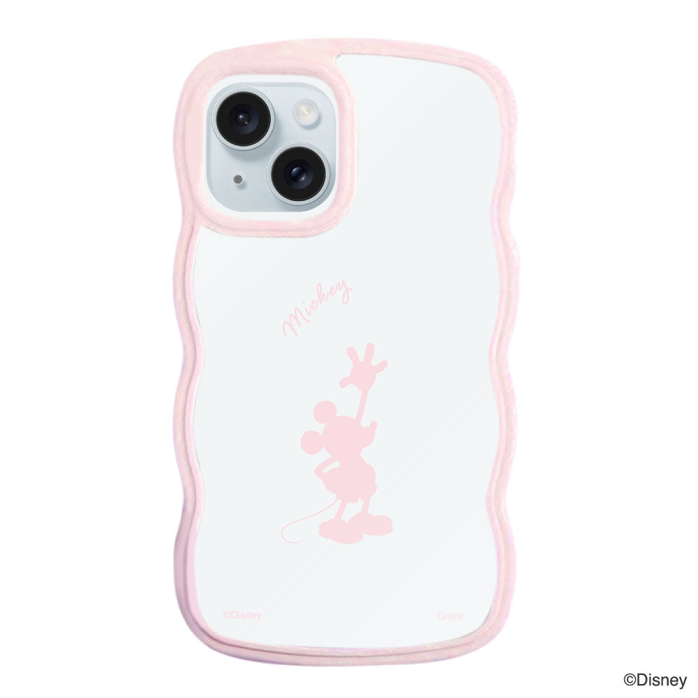 iPhone15Plus/14Plusケース ウェーブフレーム クリアケース シルエットミッキーマウス ピンク