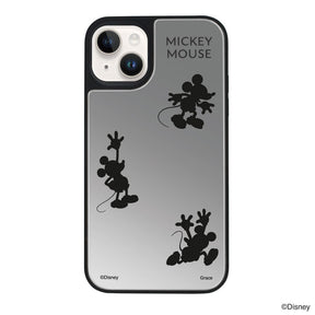 iPhone14/13ケース ミラーバンパー ミラー付きケース シルエット3ミッキーマウス シルバー