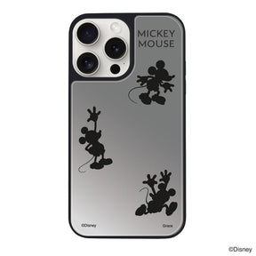 iPhone15ProMaxケース ミラーバンパー ミラー付きケース シルエット3ミッキーマウス シルバー