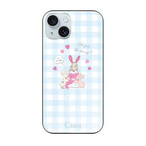 iPhone15Plus ガラス 強化ガラスケース バニーガール ブルーチェック