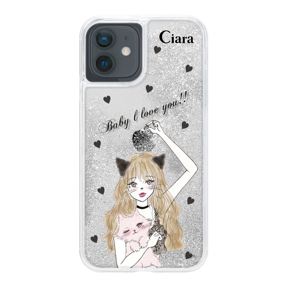 iPhoneケース グリッター オイルクリアケース ブラックキャットガール