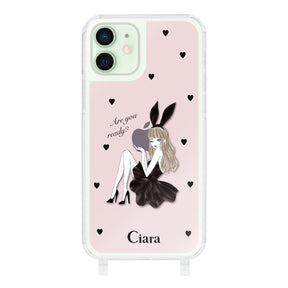 iPhone12mini ストラップクリアケース ブラックバニー ピンク