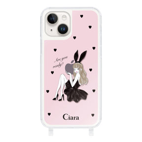 iPhone14 ストラップクリアケース ブラックバニー ピンク