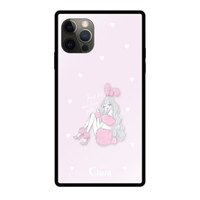iPhoneX/XSケース スクエア 強化ガラスケース ピンクバニー ピンク