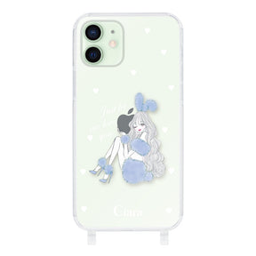 iPhone12mini ストラップクリアケース ブルーバニー クリア