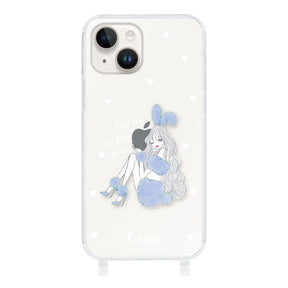 iPhone14 ストラップクリアケース ブルーバニー クリア