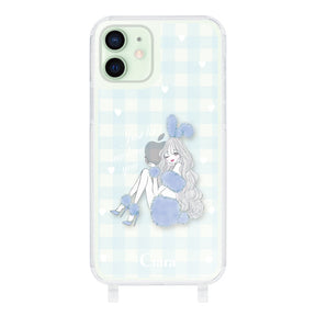 iPhone12mini ストラップクリアケース ブルーバニー ブルーチェック