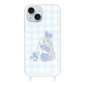 iPhone15Plus ストラップクリアケース ブルーバニー ブルーチェック