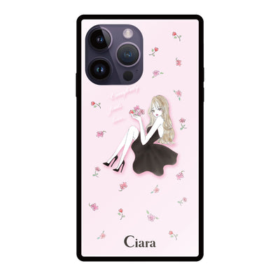 iPhoneケース スクエア 強化ガラスケース ラベンダーブラックガール