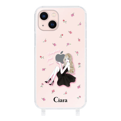 iPhoneケース  ストラップクリアケース ラベンダーブラックガール