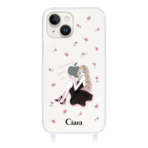 iPhone14 ストラップクリアケース ラベンダーブラックガール クリア