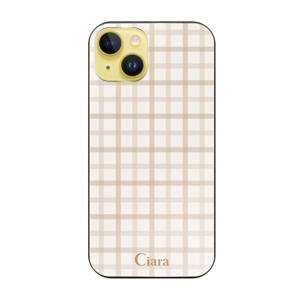 iPhone14Plus ガラス 強化ガラスケース ブロックチェック ベージュ