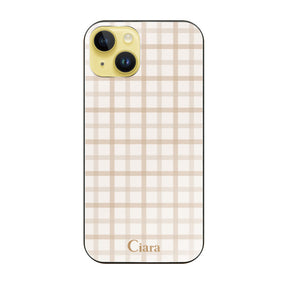 iPhone14Plus ガラス 強化ガラスケース ブロックチェック ベージュ