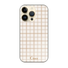 iPhone14Pro ガラス 強化ガラスケース ブロックチェック ベージュ