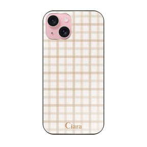 iPhone15 ガラス 強化ガラスケース ブロックチェック ベージュ