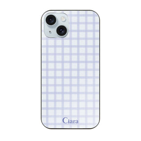 iPhone15Plus ガラス 強化ガラスケース ブロックチェック ブルー