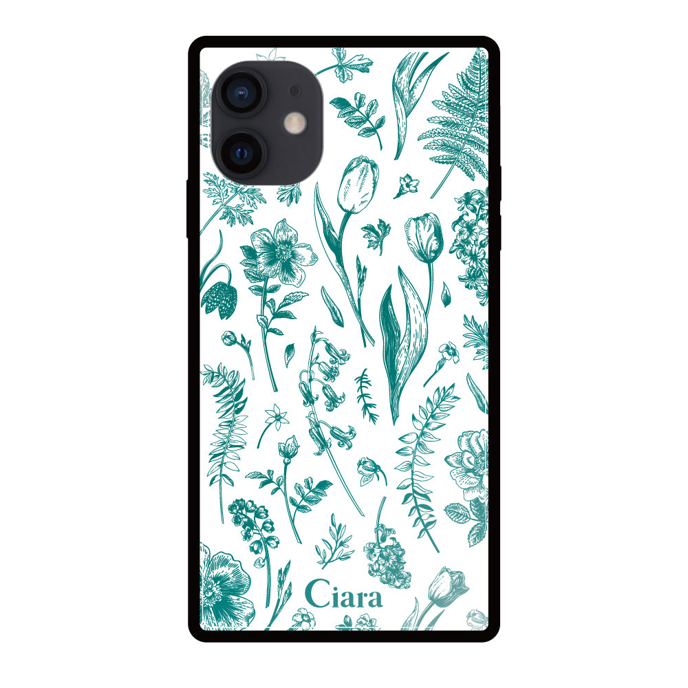 iPhoneXRケース スクエア 強化ガラスケース ロマンティックフラワー グリーン