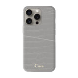 iPhone15Proケース クロコPUポケット レザーカード収納ケース ロゴ グレー