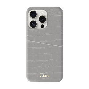 iPhone15ProMaxケース クロコPUポケット レザーカード収納ケース ロゴ グレー