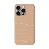 iPhone15Proケース クロコPUポケット レザーカード収納ケース ロゴ ベージュ