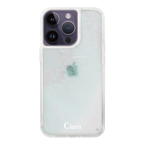 iPhone14ProMax グリッター オイルクリアケース ロゴ ホワイト