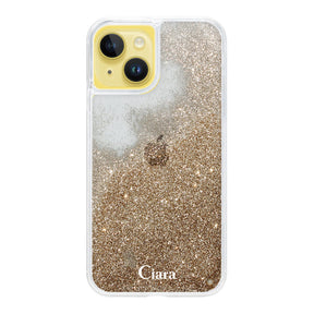 iPhone14Plus グリッター オイルクリアケース ロゴ ゴールド