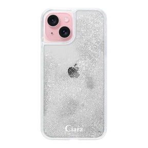 iPhone15 グリッター オイルクリアケース ロゴ シルバー