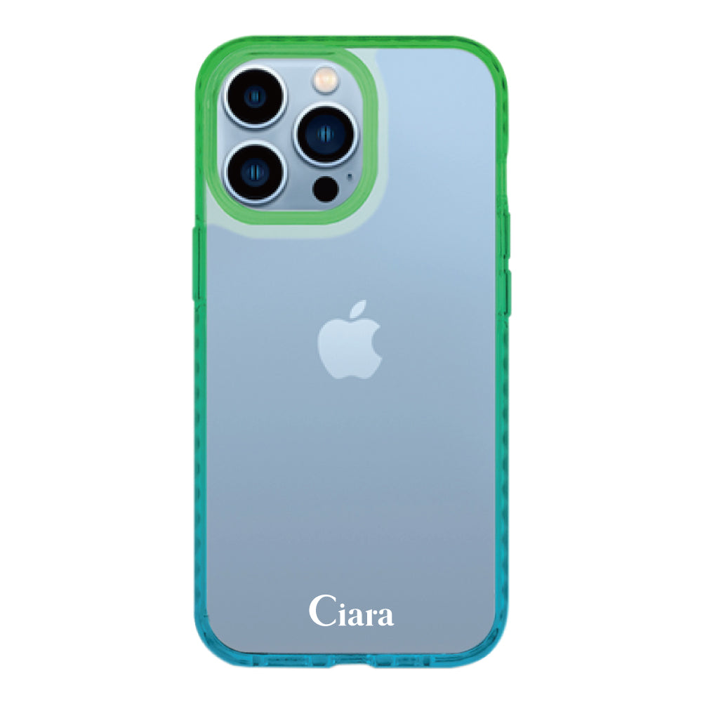 iPhone13ProMaxケース クッションバンパー 耐衝撃クリアケース ロゴ ブルー/グリーン