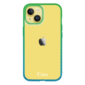 iPhone14Plusケース クッションバンパー 耐衝撃クリアケース ロゴ ブルー/グリーン