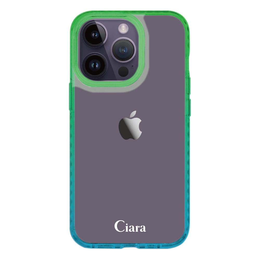 iPhone14ProMaxケース クッションバンパー 耐衝撃クリアケース ロゴ ブルー/グリーン